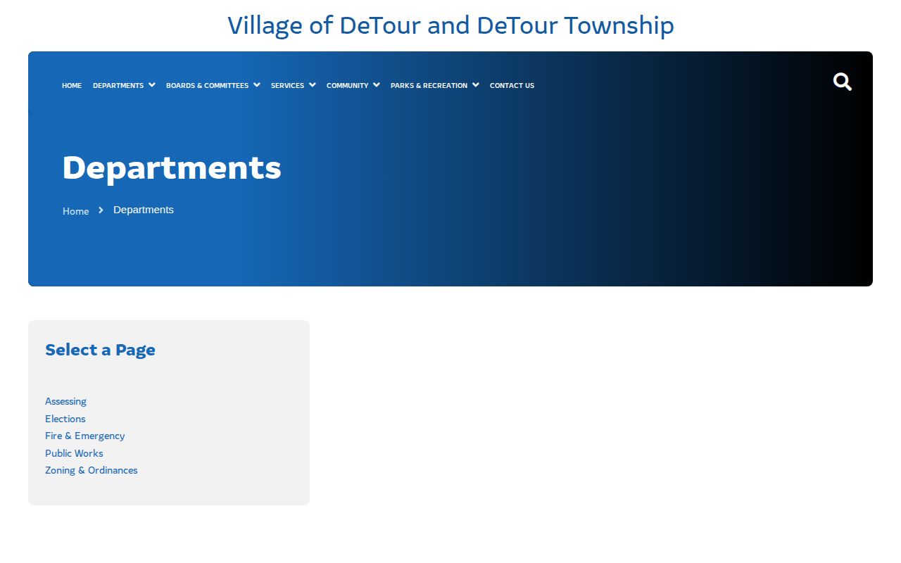 DeTour Village departments page showing no municipal arrest blotter