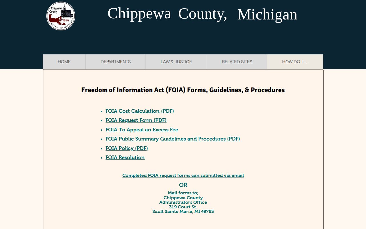 Chippewa County arrest record FOIA request page